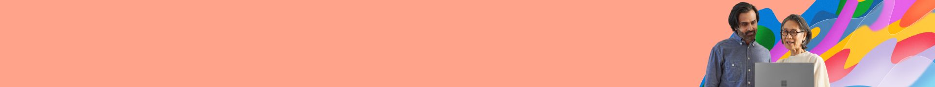 Microsoft contractors behind computer with a colorful background