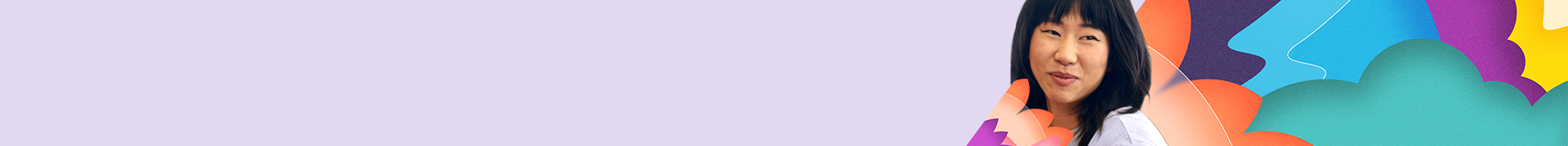 Photo with an abstract motif and a woman behind a laptop