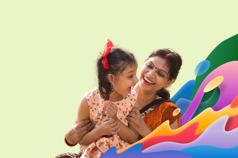 photo of employee with child and colorful background